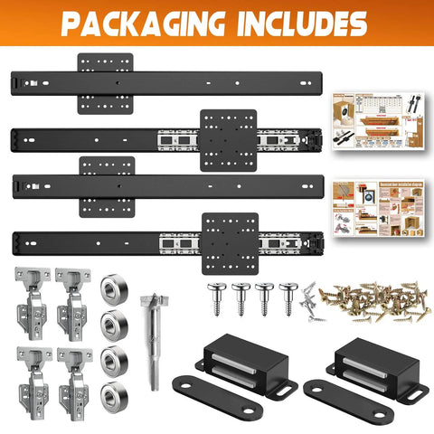 Compact Pocket Door Hardware Kit 24 Inch 4 Pack With Soft Close Track System layout with slides, screws, and components