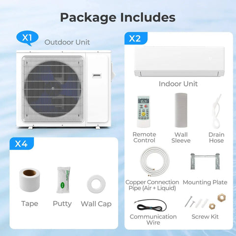 Slick Dual Zone Mini Split Air Conditioner 36000 BTU Wall Mounted Ductless Unit With Energy Star Rated Inverter Compressor package contents.