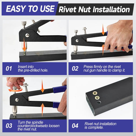 Super Cool Compact Rivet Nut Tool Kit With Portable Riveter Setter Set And Metric Mandrels Plus Essential Rivnuts Assortment Featuring Threaded Insert Capability And Premium Blue Storage Case For Smooth DIY Jobs, rivet nut installation steps