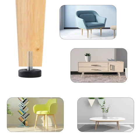 28 Pack M6 Thread Adjustable Furniture Levelers In Galvanized Steel installed on sofa, table, and chair legs.