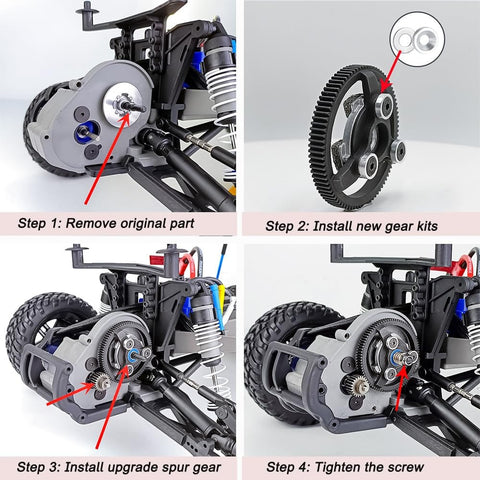 Installation steps for Metal Spur Gear 86T 48P on 1 Tenth Slash 2WD Rustler Stampede Telluride RC Car.