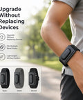 Dual Device Band Adapter Frame For Air To 5.0 Wearables With Interchangeable Nylon Elastic And Silicone Straps For All Day Comfort No Fuss Fit Flexible Arm Placement And Interference Free Monitoring black adapter on wrist