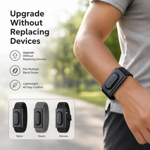 Dual Device Band Adapter Frame For Air To 5.0 Wearables With Interchangeable Nylon Elastic And Silicone Straps For All Day Comfort No Fuss Fit Flexible Arm Placement And Interference Free Monitoring black adapter on wrist