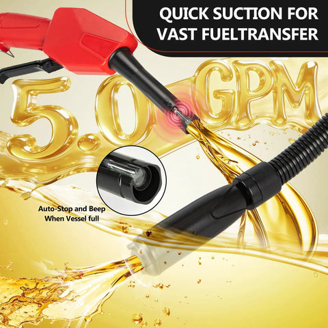 5GPM Cordless Fuel Transfer Pump With Auto Stop And Hand Nozzle, fuel flowing at 5.0GPM with auto-stop feature visible