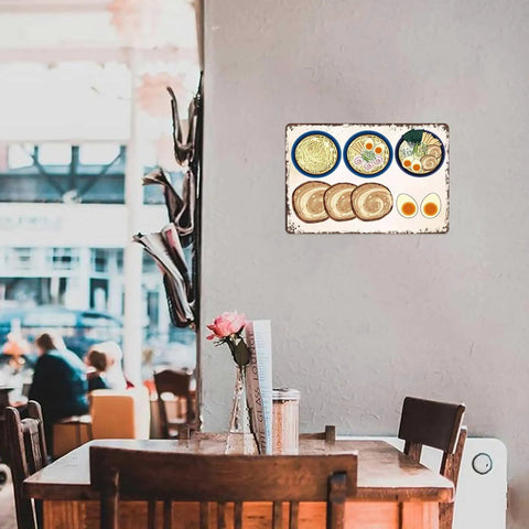 Vintage Ramen Japanese Food Metal Sign 8 By 12 Inch Tin Sign Poster For Home Room Garage Office Decor Rustic Wall Art With Classic Street Style And A Cool Retro Vibe in a cafe setting.