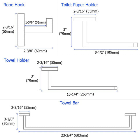Polished Chrome 4 Piece Bathroom Hardware Set Built From 304 Stainless Steel With diagrams of robe hook, toilet paper holder, hand towel holder, and bath towel bar