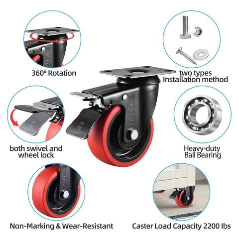 Beefy 4 Inch Caster Wheels Set Of 4 2200 Lbs Capacity Silent Swivel With Brake Rigid TPR Rubber Wheels Locking Industrial Plate