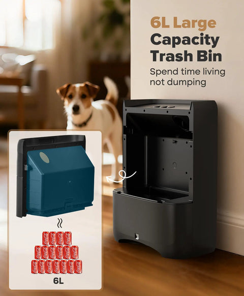 Touchless Vacuum Automatic Dustpan with 6L capacity bin, shown open with pet in background.