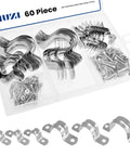 Rugged Pipe Strap Clamp Kit 60 Pcs With Screws 304 Stainless Two Hole U Brackets packaged in box