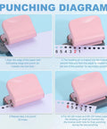 Punching diagram showing steps for using a Six Hole Paper Punch One Quarter Inch Metal Hole Puncher For Office And Home Punches Up To Five Sheets.