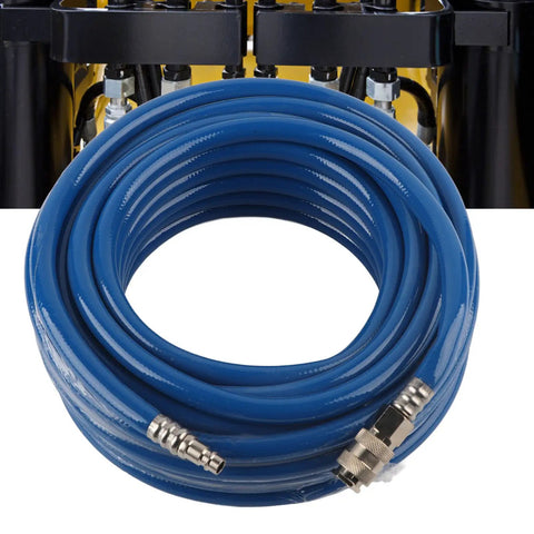 Kickass 15 Meter 50 Foot Blue Flexible Pneumatic PVC Air Compressor Hose Quick Coupler For High Pressure On Pneumatic Tools Triple Layer Build Resists Wear And Tear Perfect For Tough Jobs And Diy Gigs Inside The Garage Today coiled with coupler