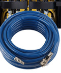 Heavy Duty Flexible Pneumatic PVC Hose 15M Blue Air Tubing coiled with connectors for shop projects and air tools.