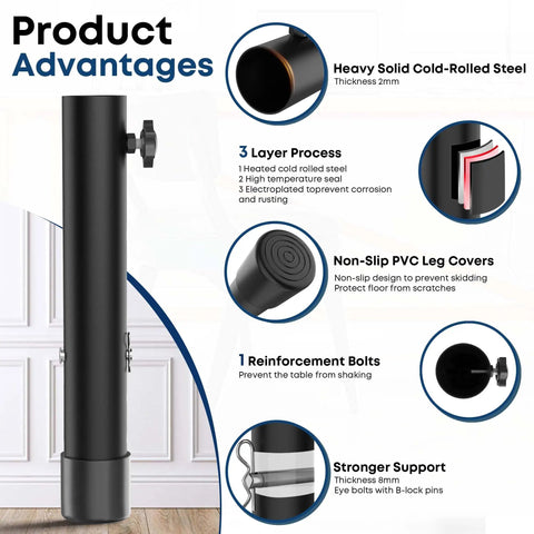 Premium Heavy Duty Folding Table Leg Extenders Six Adjustable Height Risers visible features highlighting steel construction and non-slip covers.