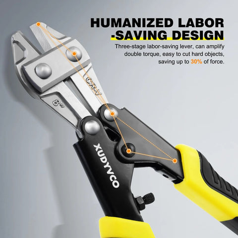 XUDYVCO 8-inch mini bolt cutters with yellow non-slip handles, side view