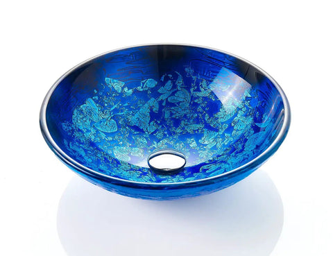 Star Blue Ocean Mystery Glass Vessel Sink For Above Counter Vanity, Tempered Deco Glass Bowl With Pop Up Drain, Starry Blue Finish