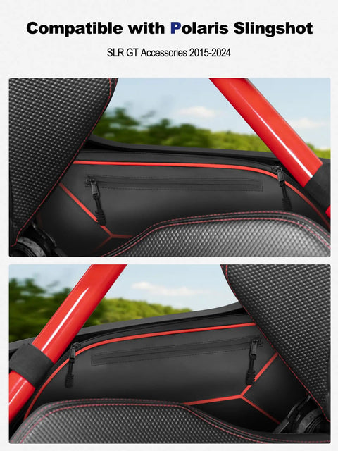 Waterproof Side Door Storage Bags For Polaris Slingshot 2015 To 2023, Dual Compartment Organizer With SBS Zippers, 1 Pair installed on vehicle