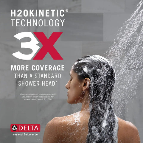 Woman enjoying Saylor 17 Series Chrome Tub And Shower Faucet Kit With H2Okinetic PowerDrench Shower Head, water coverage shown.