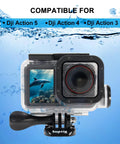 Waterproof Dive Case for Action 5 Pro, 5, 4, 3 Cameras showing front view with clear rugged housing for underwater use.