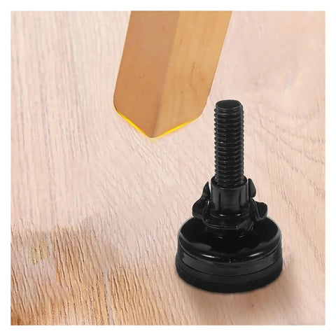 15Pcs Heavy Duty Furniture Levelers Replacement Metal Leveling Feet For Stable Installations On Uneven Floors, Eliminating Wobble, Vibration, And Noise With Smooth, Quiet Performance. Black leveling foot under wooden furniture leg on floor.