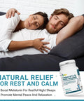 Couple sleeping peacefully, next to a bottle of Chelated Calcium Magnesium Zinc Multimineral Capsules for strong bones and teeth.