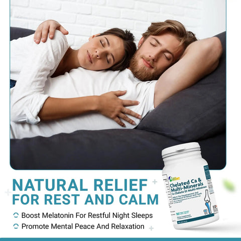 Couple sleeping peacefully, next to a bottle of Chelated Calcium Magnesium Zinc Multimineral Capsules for strong bones and teeth.
