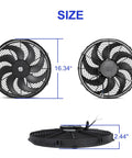 Straight Shot Universal 16 Inch Black Slim Radiator Cooling Fan 12V 100W shown from different angles with size dimensions.