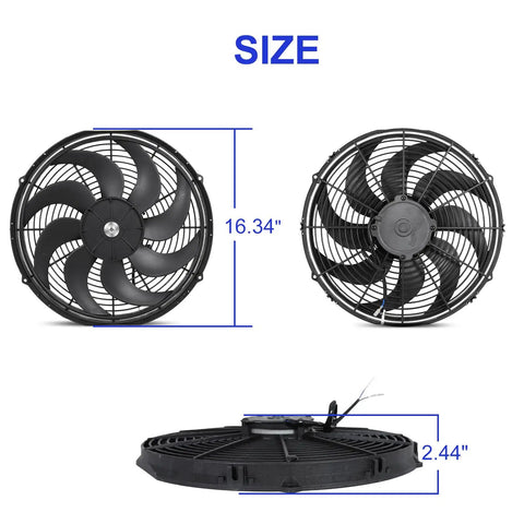 Straight Shot Universal 16 Inch Black Slim Radiator Cooling Fan 12V 100W shown from different angles with size dimensions.