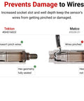 Comparison of Tekton and Matco sockets showing wire protection and sensor seating for Three Eighths Inch Drive Deep Seven Eighths Inch Six Point Oxygen Sensor Socket.