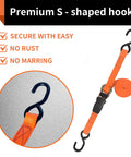 8 Pack 1 Inch Ratchet Straps 15 Feet Long Heavy Duty Tie Down Straps with S-hooks shown, in bright orange, close-up view
