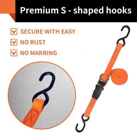 8 Pack 1 Inch Ratchet Straps 15 Feet Long Heavy Duty Tie Down Straps with S-hooks shown, in bright orange, close-up view