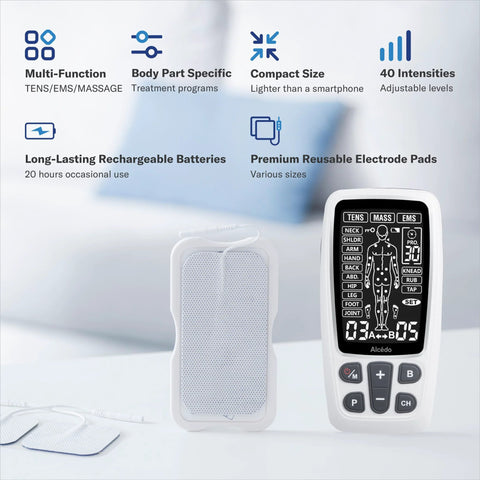 Alcedo TENS/EMS pain relief device with rechargeable battery, handheld controller, and reusable electrode pads.