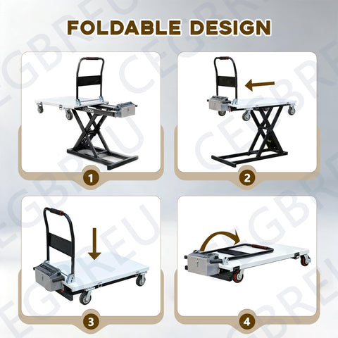 Electric Hydraulic Lift Table Cart Featuring Plug And Play One Touch Operation With Slick Retractable Scissor Frame For Smooth Cargo Hauling Heavy Duty Mobile Dolly That Folds Flat with foldable design.