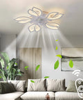 Modern living room with 25.1 Inch Ceiling Fan With Lights And Remote Control, LED Flower Shape Flush Mount, leaves and remote icon.