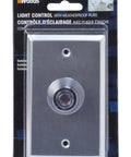 Outdoor Hardwired Post Eye Light Controller And Wall Plate With Dusk To Dawn Sensor in metallic silver packaging.
