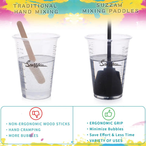 Comparison of traditional hand mixing with wood stick and 12 Piece Resin Mixer Paddles Set For Quarter Inch Drill Plastic Epoxy Mixer.