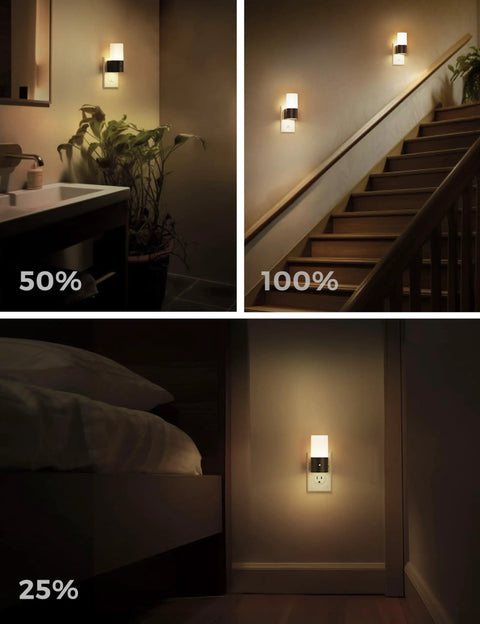 Two Pack Plug In Night Light With Dusk To Dawn Auto On Off, Soft White 3000K Cozy Glow, Rustic Black Frame in room settings