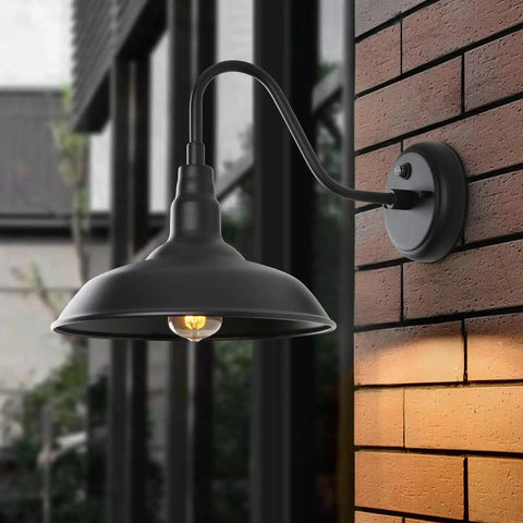 Outdoor Gooseneck Barn Light With Dusk To Dawn Sensor Matte Black Exterior Wall Mount Fixture on brick wall