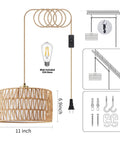Level Up Your Chill Zone With This Hand Woven Rattan Plug In Pendant Light Farmhouse Hanging Lamp showing dimensions and cord details.