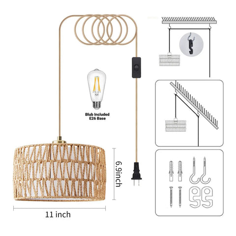 Level Up Your Chill Zone With This Hand Woven Rattan Plug In Pendant Light Farmhouse Hanging Lamp showing dimensions and cord details.