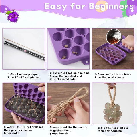 Step-by-step use of the Silicone Grape Soap Mold Kit With Six Colorful Cords And Two Threading Tools For Realistic Grape Soaps.