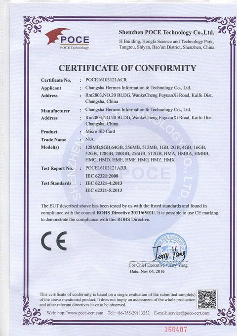Certificate of conformity for Hella Solid 16GB Compact Flash Card CF 2.0 High Speed Storage For Dslr And Vintage Cameras.