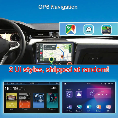 Wireless Double Din Car Stereo With Wireless CarPlay And Android Auto 7 Inch HD Touchscreen Bluetooth Five Point One FM Radio GPS Navigation Backup Camera Voice Control USB AUX TF Card Steering Wheel Control Compatible No Wires Needed showing GPS navigation screen and UI styles
