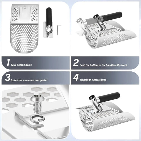 Assembling Heavy Duty Metal Detecting Sand Scoop For Beach Finds And Water Treasure Hunting, Fast Sifting Stainless Steel Shovel