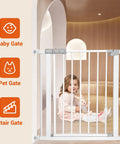 M8 Threaded Replacement Screws For Baby Gate And Pet Door Hardware With Rubber Wall Protectors White 4 Pack Adjustable Spindles No Sweat Setup Rock Solid Upgrade, child with toy beside white safety gate.
