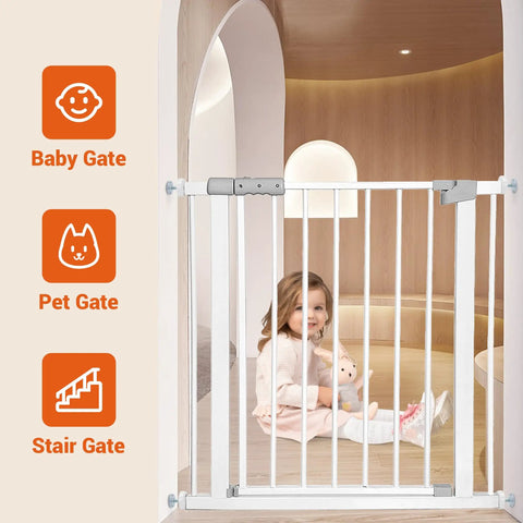 M8 Threaded Replacement Screws For Baby Gate And Pet Door Hardware With Rubber Wall Protectors White 4 Pack Adjustable Spindles No Sweat Setup Rock Solid Upgrade, child with toy beside white safety gate.