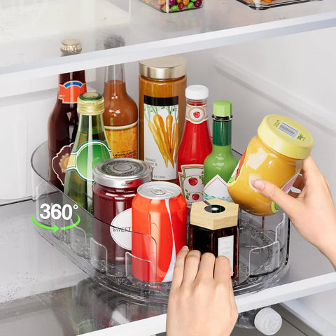 Clear Rectangular Lazy Susan Organizer For Refrigerator 13.5 By 8.5 Inches With 360 Degree Turntable holding condiments