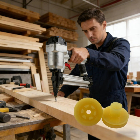 Heavy Duty Replacement Head Valve For Pneumatic Nailers Featuring Tough As Nails Construction And Precision Tuning To Deliver Smooth Operator Performance Every Time On All Major Framing Models. Worker using pneumatic nailer on wood beam.