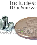 Heavy Duty M3 X 5MM Cup Point Set Screws, Stainless Steel Socket Bolts DIN 916, 10 Pack next to a penny for size reference.