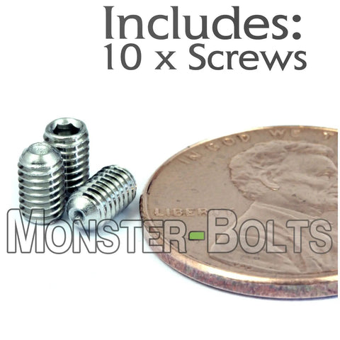 Heavy Duty M3 X 5MM Cup Point Set Screws, Stainless Steel Socket Bolts DIN 916, 10 Pack next to a penny for size reference.