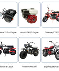 Predator 212cc engine, Honda GX160 engine, and compatible mini motorcycles including Coleman CT200U, BT200X, Massimo MB200, Baja MB200/MB165